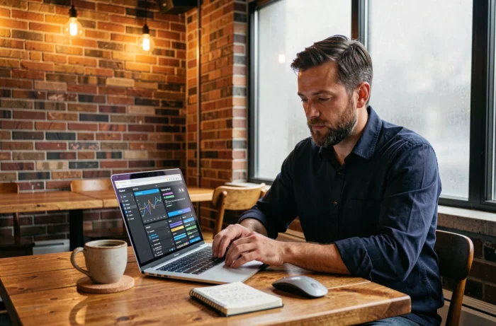 Développeur web masculin optimisant des scripts de performance sur son ordinateur portable dans un café urbain