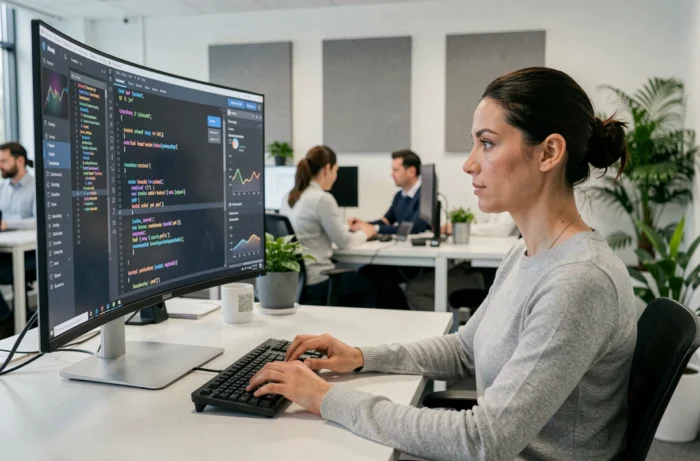 Développeuse web féminine codant des scripts JavaScript sur un grand moniteur dans un bureau moderne et lumineux