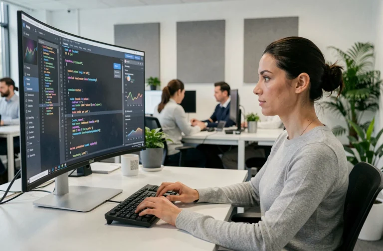 Développeuse web féminine codant des scripts JavaScript sur un grand moniteur dans un bureau moderne et lumineux