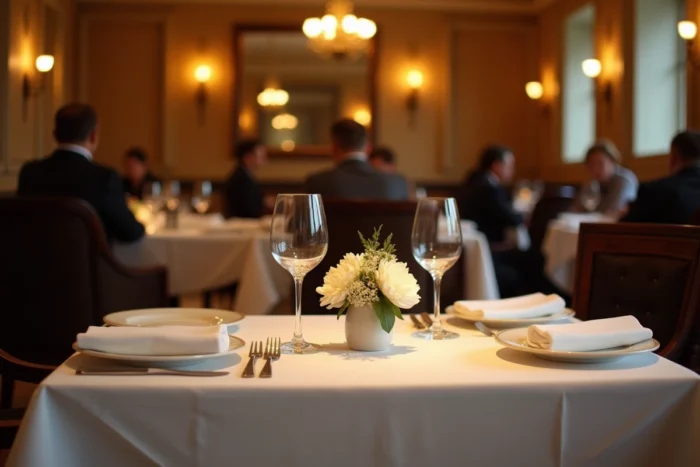 Table dressée dans une brasserie parisienne classique avec nappes blanches et verres en cristal, évoquant un dîner intime et une célébration privée dans la vie personnelle d'une personnalité française