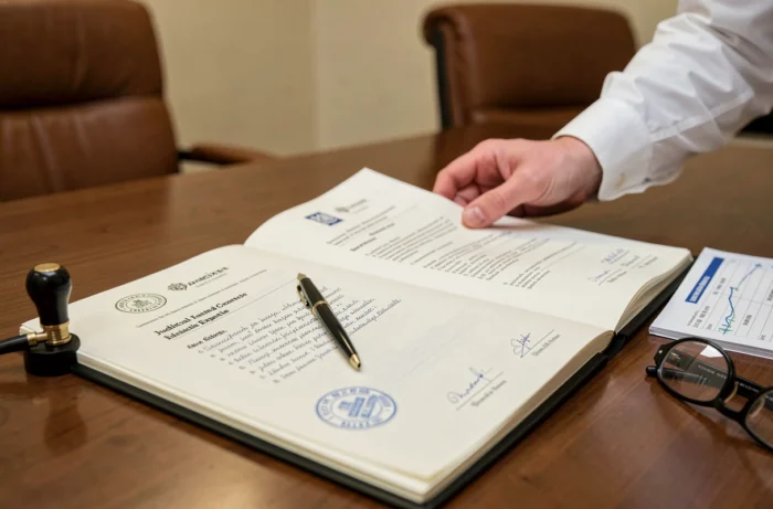 Gros plan sur un dossier d'expertise judiciaire avec documents officiels tamponnés, stylo plume et sceau judiciaire sur une table de réunion