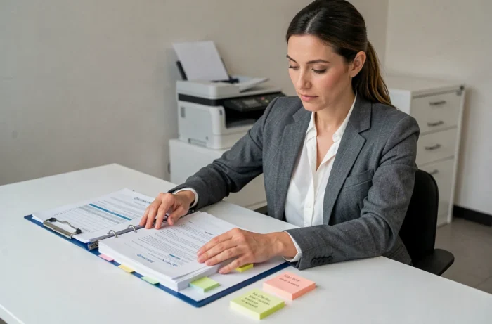 Une femme constitue un dossier de financement complet avec des documents administratifs et financiers classés méthodiquement avant des visites immobilières
