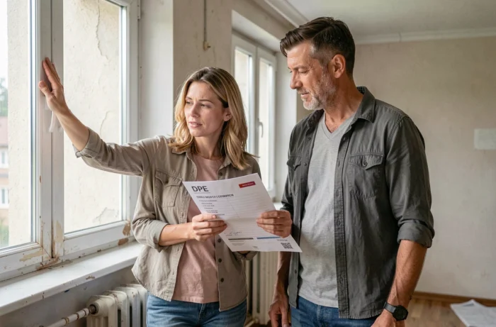 Un couple examine un diagnostic de performance énergétique DPE lors d'une visite d'appartement, intégrant la réglementation énergétique dans leurs critères de recherche
