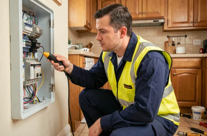 Électricien professionnel inspectant un tableau électrique ouvert dans une cuisine résidentielle lors d'une intervention d'urgence