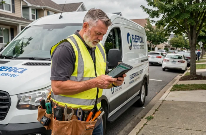 Électricien urgentiste devant son véhicule de service consultant une tablette avant une intervention rapide en zone résidentielle