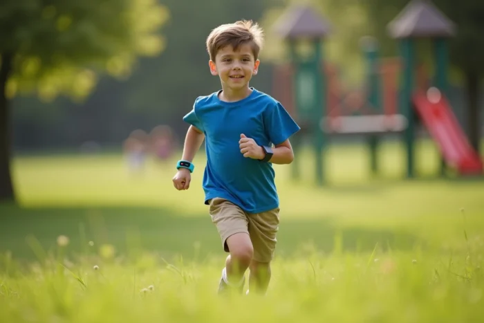Enfant portant un bracelet GPS coloré dans un parc pendant qu'il joue en sécurité