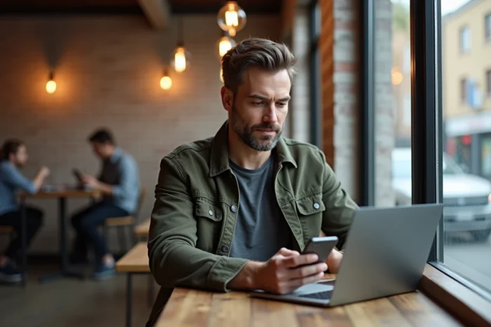 Entrepreneur freelance travaillant sur sa stratégie digitale dans un espace de coworking moderne