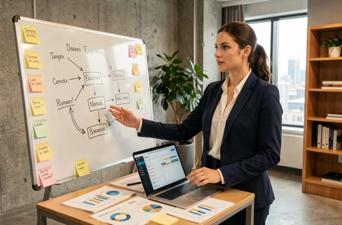 Entrepreneur femme en blazer marine debout devant un tableau blanc avec des stratégies business dans un bureau moderne