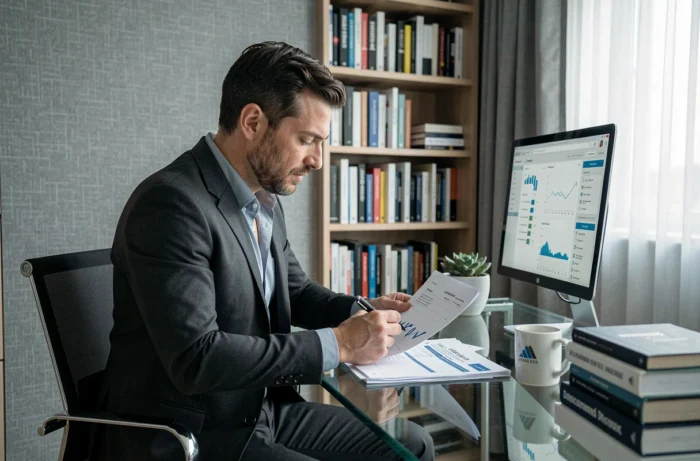 Entrepreneur homme en costume analysant des projections financières dans un bureau à domicile avec des étagères de livres