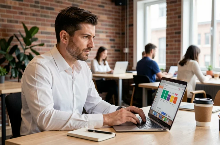 Entrepreneur concentré dans un espace de coworking utilisant des outils web sur son ordinateur portable pour simplifier sa gestion d'activité