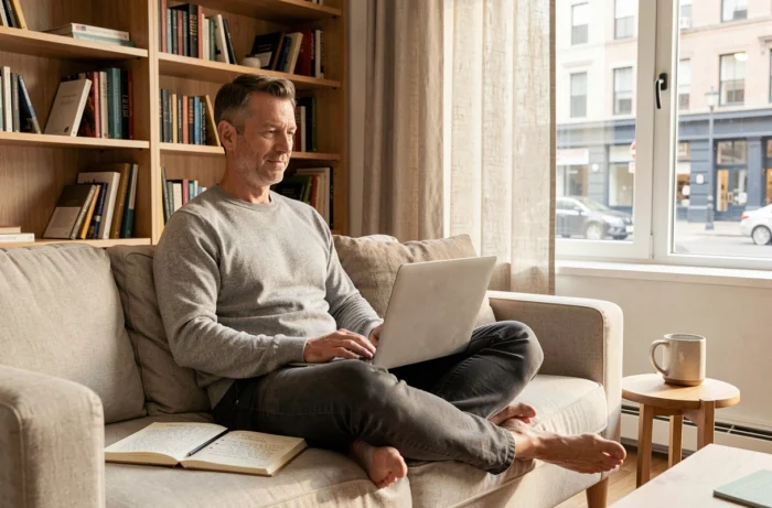 Entrepreneur travaillant depuis son bureau à domicile avec un ordinateur portable et des notes de business