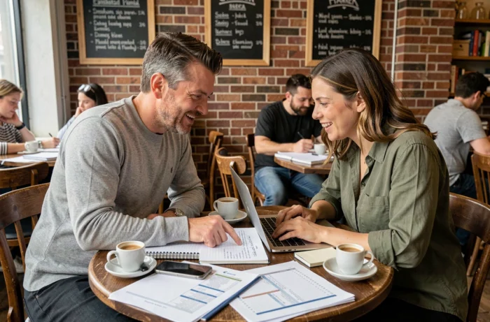 Deux entrepreneurs discutant d'un plan business autour d'une table de café avec des notes et un ordinateur portable