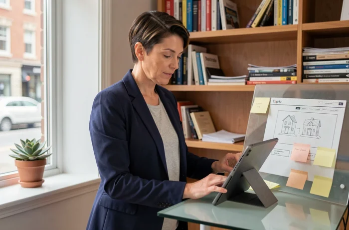 Entrepreneuse utilisant une tablette dans son bureau à domicile pour gérer son écosystème web avec des outils adaptés