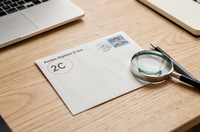 Enveloppe de lettre recommandée 2C posée sur un bureau avec loupe pour identifier l'expéditeur