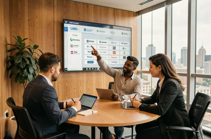 Une équipe en entreprise comparant des plateformes de formation en ligne lors d'une réunion collaborative dans une salle vitrée