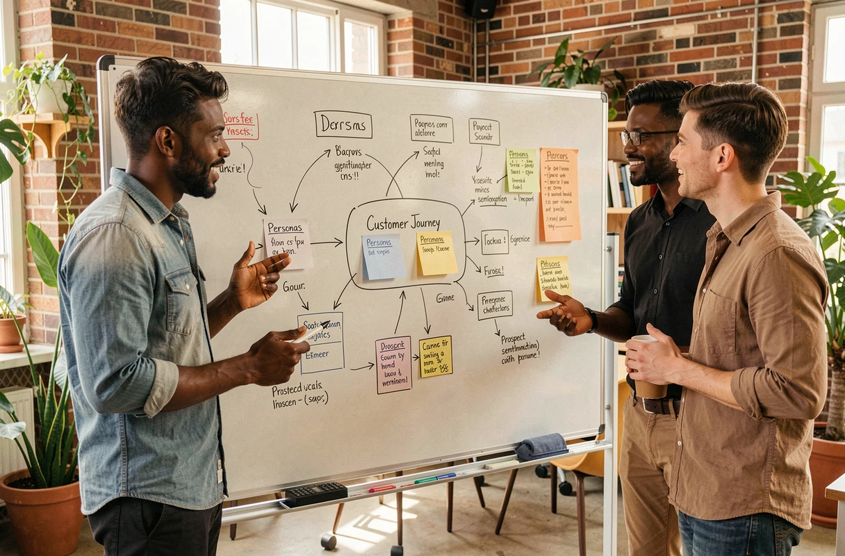 Équipe marketing collaborant autour d'un tableau blanc avec une carte du parcours client et des segments de prospects