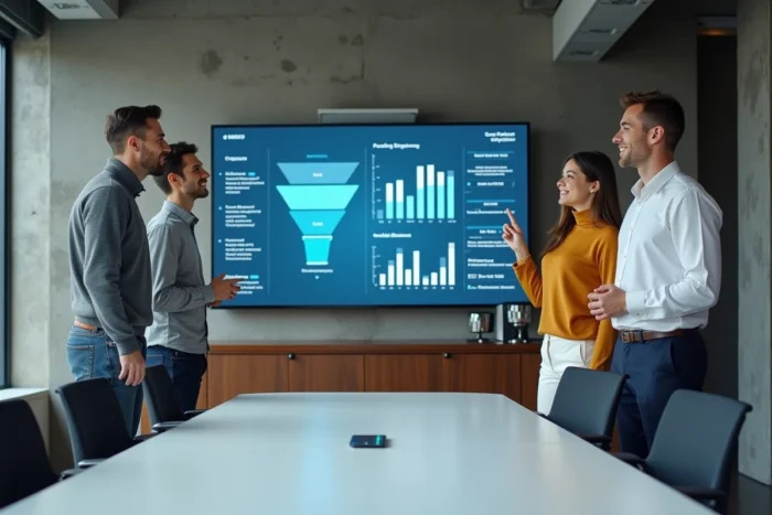 Équipe de professionnels collaborant autour d'une stratégie de croissance digitale sur écran interactif