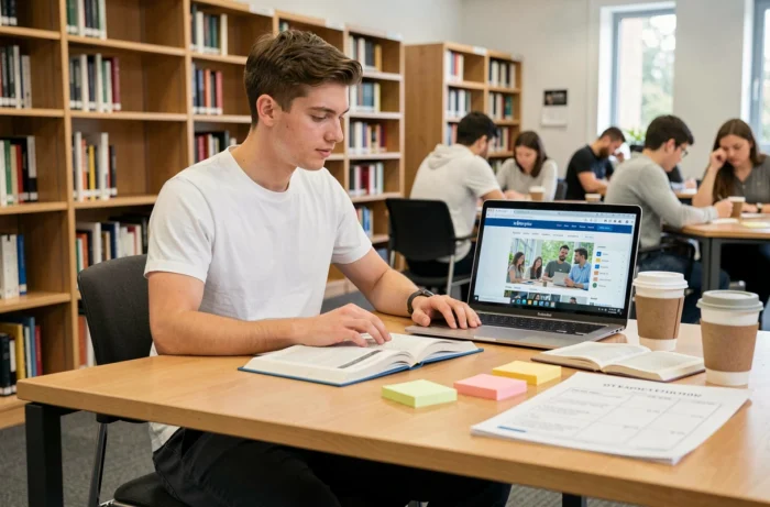 Étudiant équilibrant ses révisions académiques et son investissement associatif dans une bibliothèque universitaire