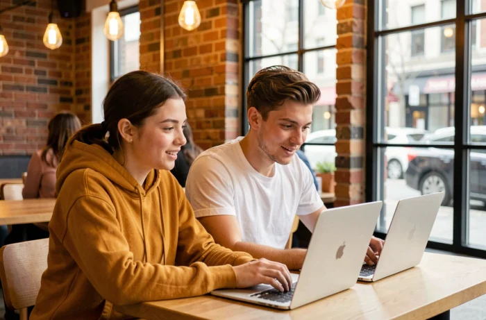 Deux étudiants discutant de l'utilisation d'Internet sur leurs ordinateurs portables dans un café moderne