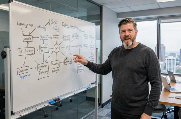 Expert en stratégie SEO présentant un plan de référencement naturel sur un tableau blanc dans une salle de réunion d'agence web