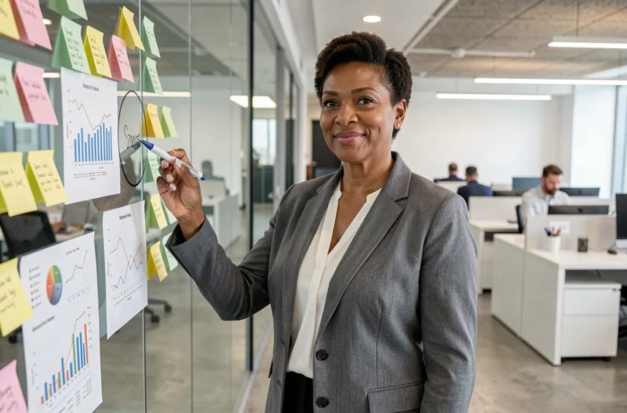 Femme experte en finance expliquant des graphiques financiers dans un bureau moderne avec des notes collantes