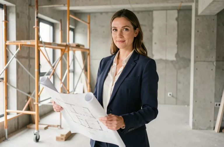 Femme experte en immobilier tenant des plans architecturaux dans un appartement en rénovation