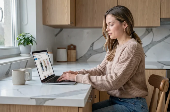 Femme faisant ses achats de mode en ligne depuis chez elle sur un ordinateur portable dans une cuisine moderne
