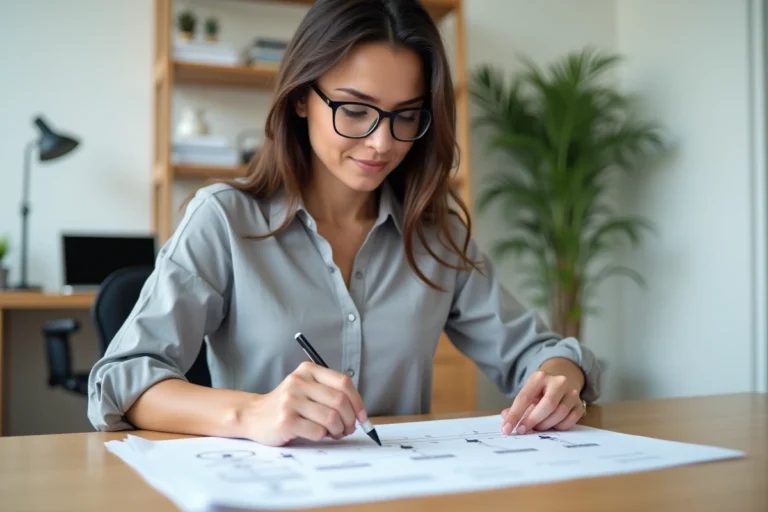 Femme analysant un plan de site imprimé sur un bureau en bois dans un bureau à domicile moderne