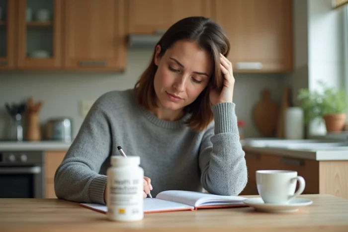 Femme examinant un complément alimentaire Maxmedix et prenant des notes dans sa cuisine