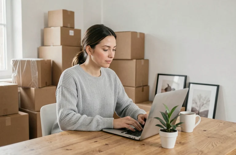 Femme en pull gris changeant son adresse en ligne sur un ordinateur portable entourée de cartons de déménagement dans un appartement moderne
