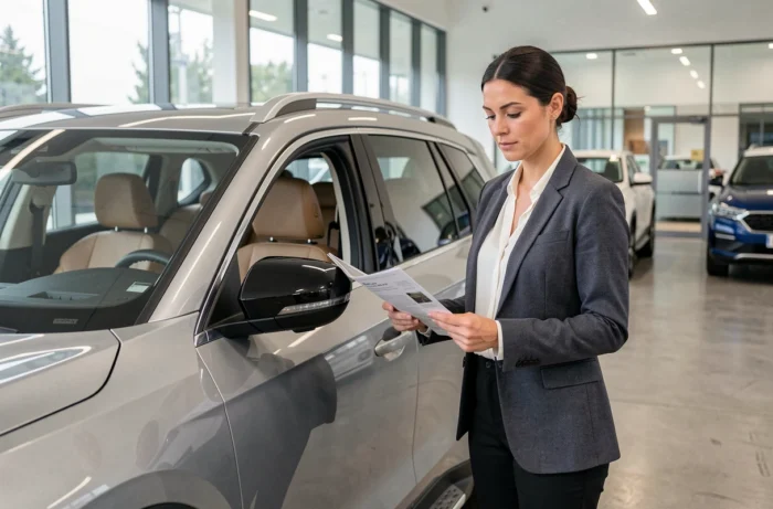 Une femme examine attentivement une voiture SUV moderne dans une concession automobile, tenant une brochure de tendances automobiles