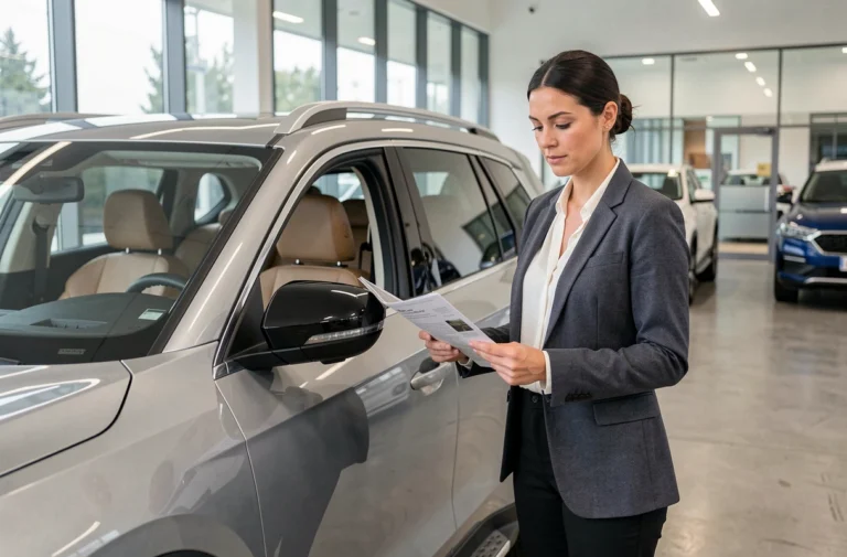 Une femme examine attentivement une voiture SUV moderne dans une concession automobile, tenant une brochure de tendances automobiles