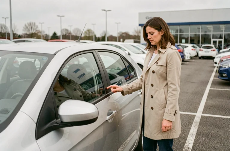 Femme examinant attentivement une voiture d'occasion dans un grand parking de concessionnaire
