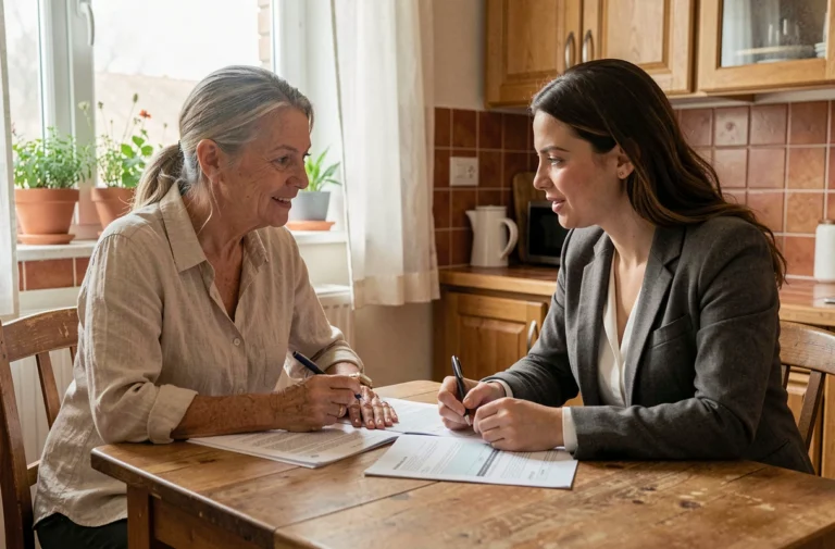 Femme de plus de 50 ans discutant d'un dossier d'adoption avec une assistante sociale autour d'une table en bois