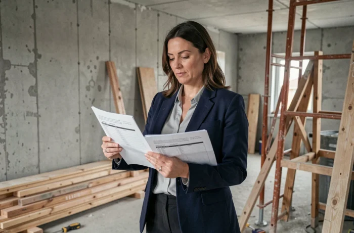 Une femme en blazer marine compare deux devis de travaux imprimés sur un chantier de rénovation intérieure avec des murs en béton brut et des matériaux de construction visibles en arrière-plan