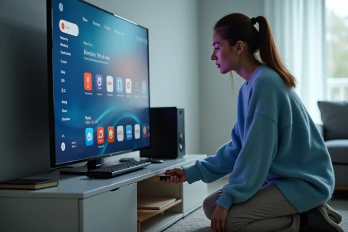 Femme branchant une clé USB sur un PC de bureau affichant Android TV, dans un salon moderne avec un écran large
