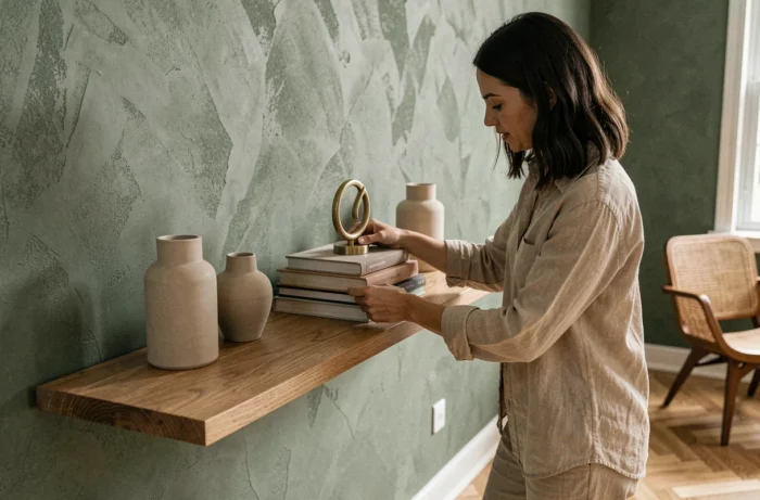 Femme aménageant une étagère décorative dans un bureau moderne aux murs vert sauge, tendances décoration intérieur