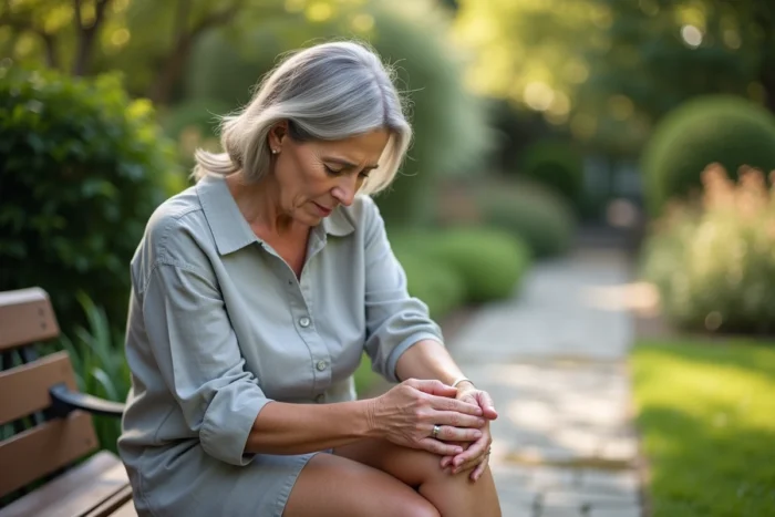 Femme d'âge mûr massant son genou dans un jardin, illustration d'un complément alimentaire pour les articulations comme Haplex Plus