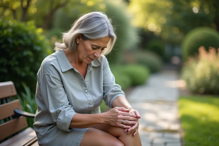 Femme d'âge mûr massant son genou dans un jardin, illustration d'un complément alimentaire pour les articulations comme Haplex Plus