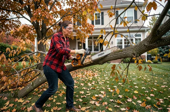 Femme élagant une branche avec une tronçonneuse sans fil dans un jardin résidentiel en automne