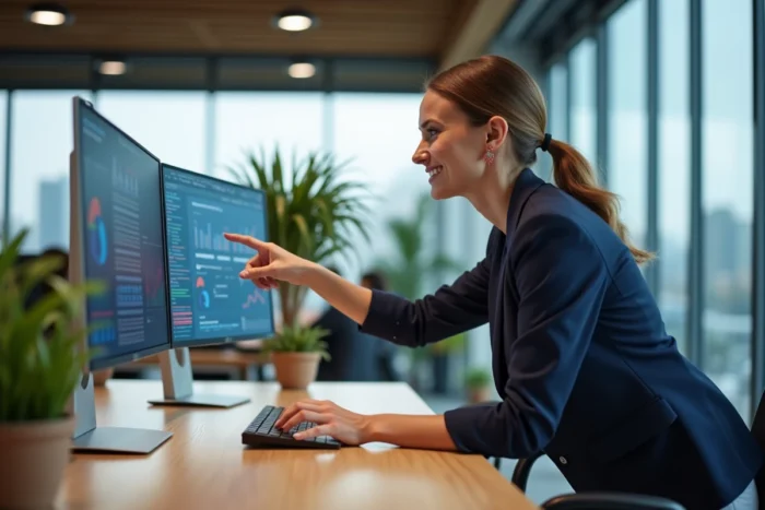 Femme cheffe d'entreprise analysant des tableaux de bord numériques pour booster la croissance digitale en 2024