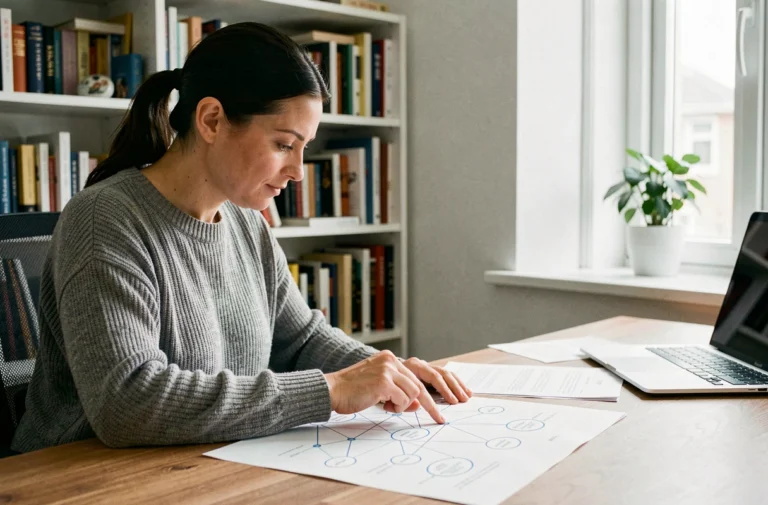 Femme étudiant un schéma de réseau Internet sur un bureau en bois dans un bureau à domicile