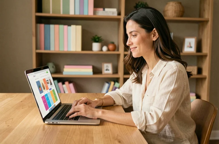 Femme explorant un plan de site web sur un ordinateur portable dans un bureau cosy et bien organisé