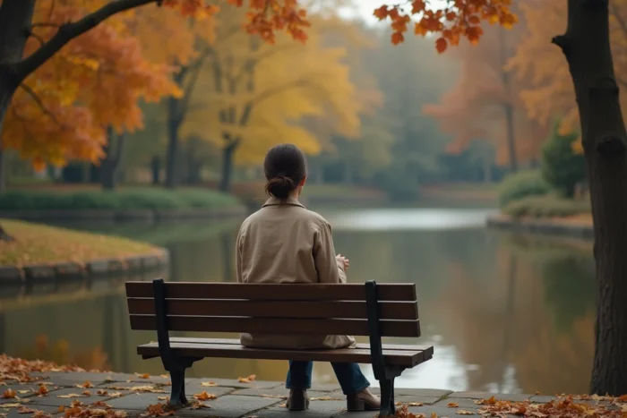 Femme contemplative assise seule sur un banc dans un parc en automne, illustrant la guérison émotionnelle et la paix intérieure