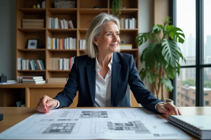 Femme investisseuse immobilière examinant des plans et un portfolio patrimonial dans un bureau moderne en 2024