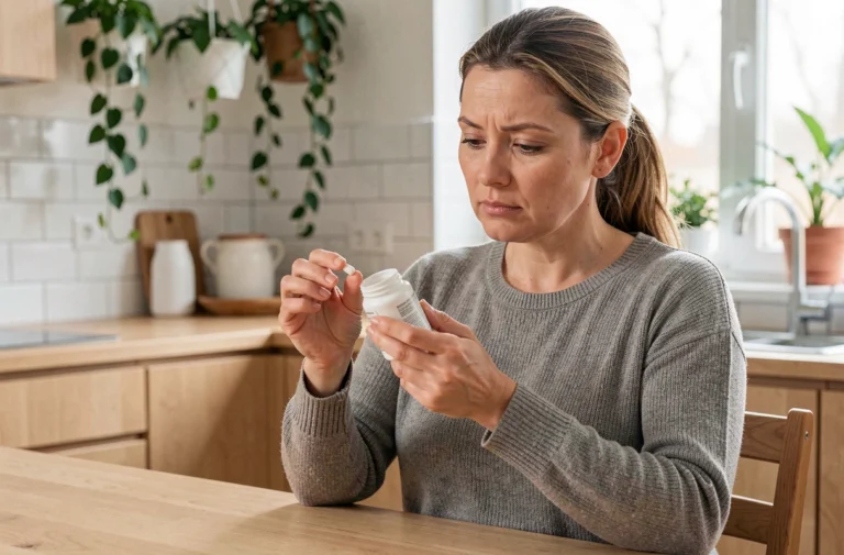 Femme lisant attentivement les effets secondaires d'un complément alimentaire comme Synapsyl avant de le prendre
