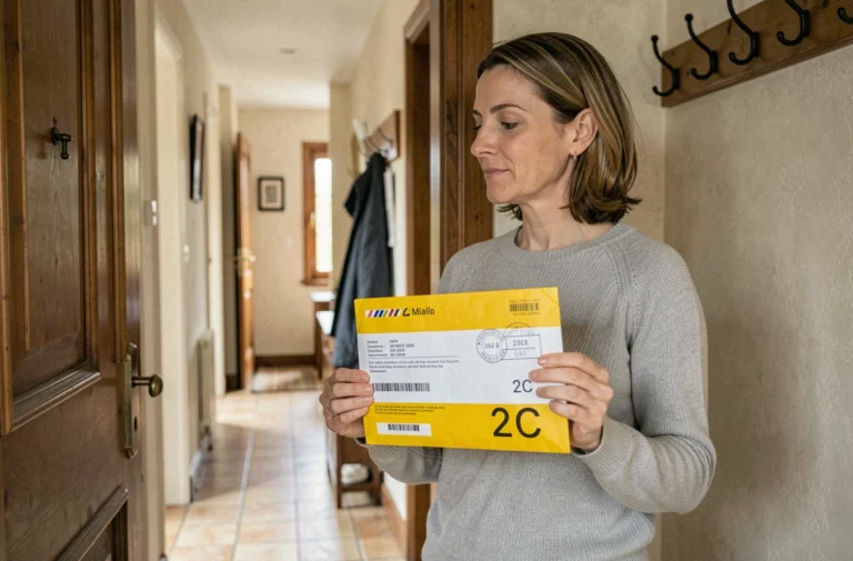 Femme examinant une lettre recommandée 2C reçue à domicile pour identifier l'expéditeur