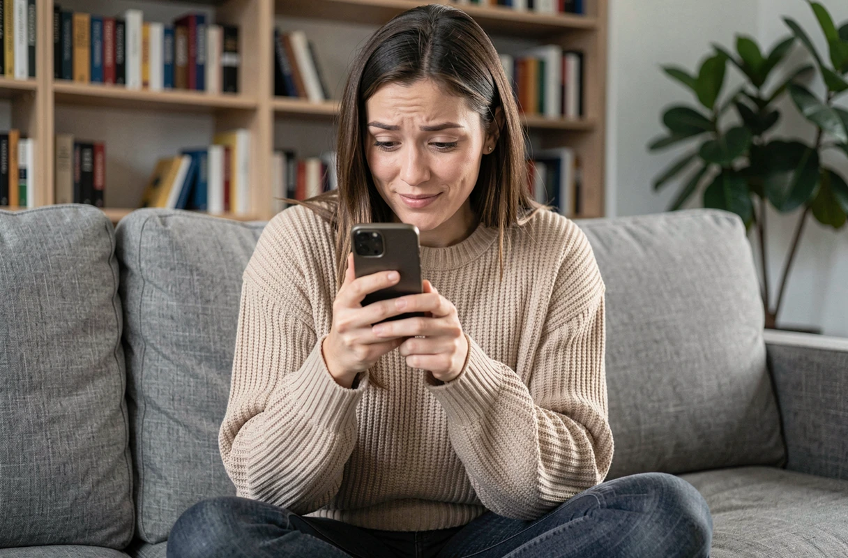 Femme intriguée lisant un message 'salut toi' sur son téléphone dans un appartement moderne