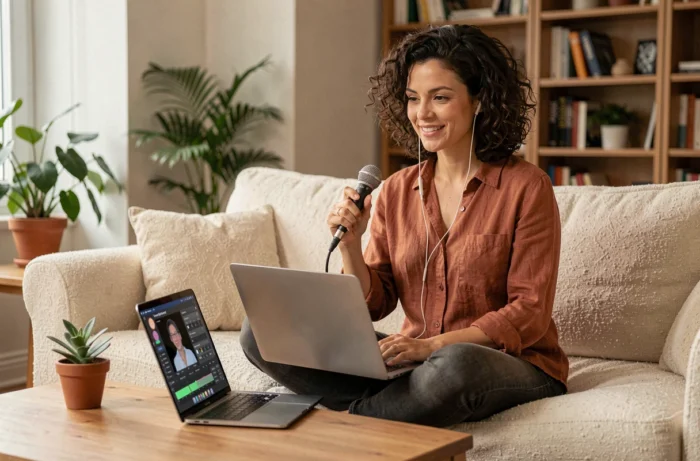 Femme décontractée sur un canapé utilisant un micro portable et un ordinateur portable avec une interface IA pour mettre sa voix sur une musique