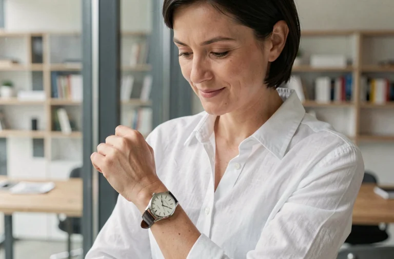 Femme portant sa montre à l'envers sur le poignet intérieur dans un bureau moderne